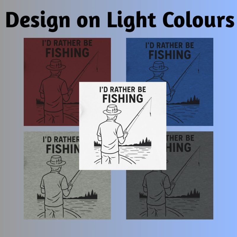 This shows what the designs looks like on the white, heather true royal, athletic heather, dark grey heather and heather maroon coloured t-shirts.