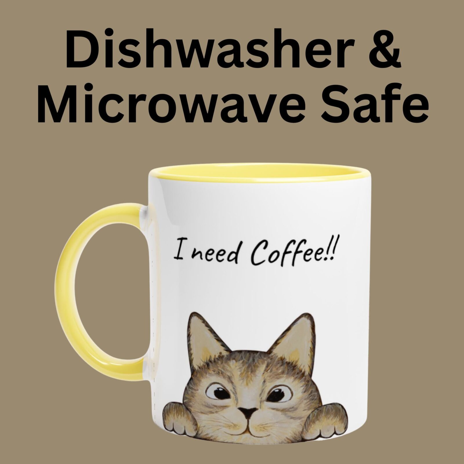This brown cat mug is dishwasher and microwave safe.