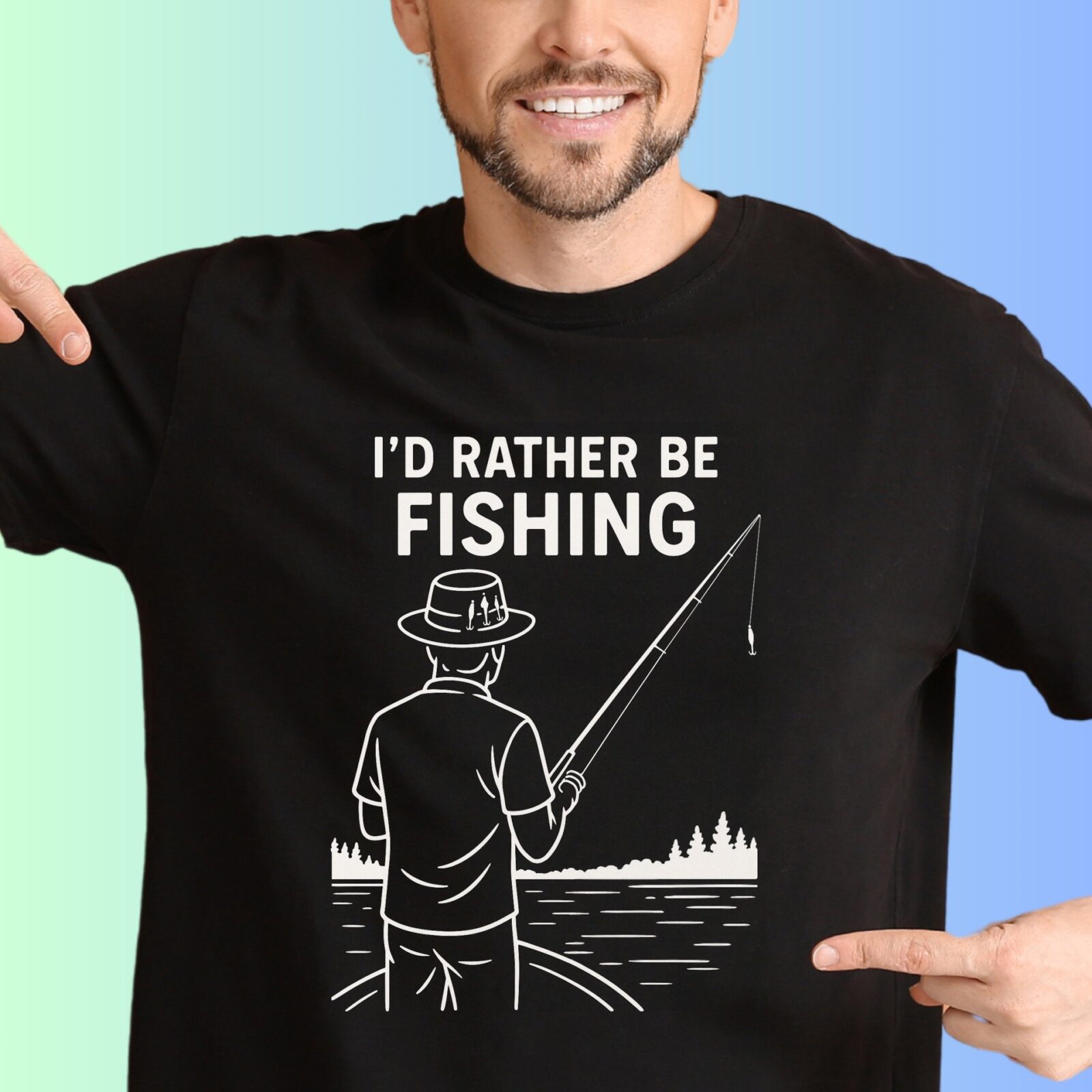 Black t-shirt with the text "I'd rather be fishing" and a line art design of a man fishing