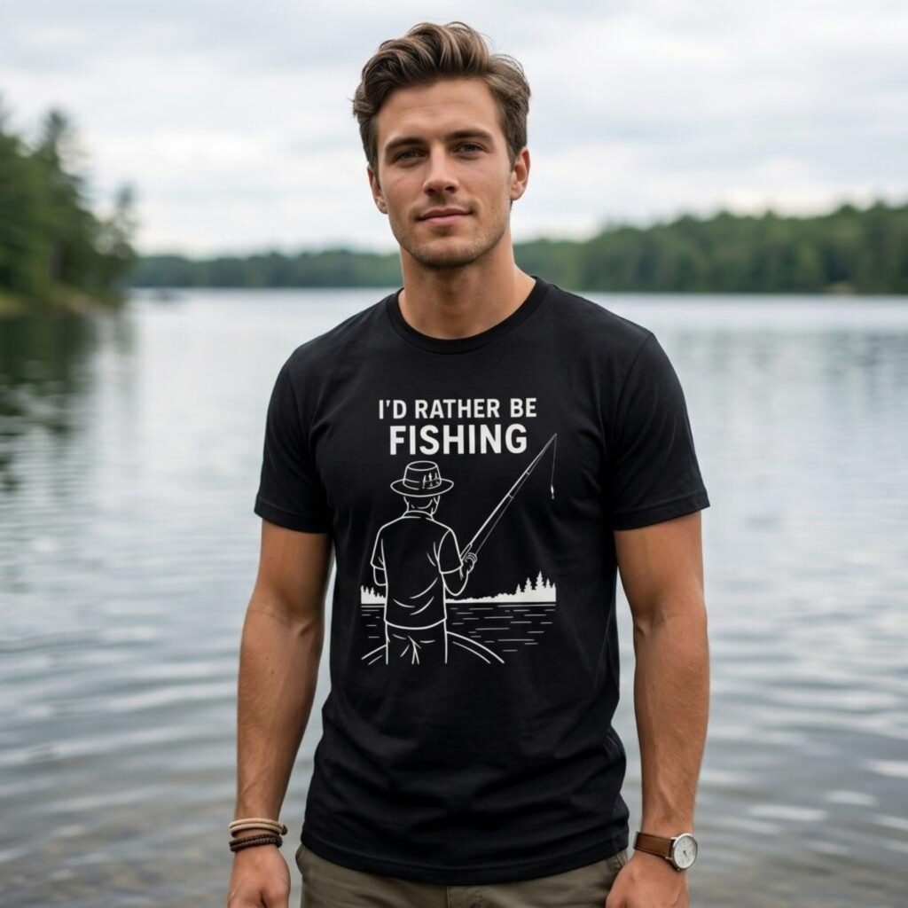 A man wearing a black t-shirt with the text "I'd rather be fishing" and a line art design of a man fishing