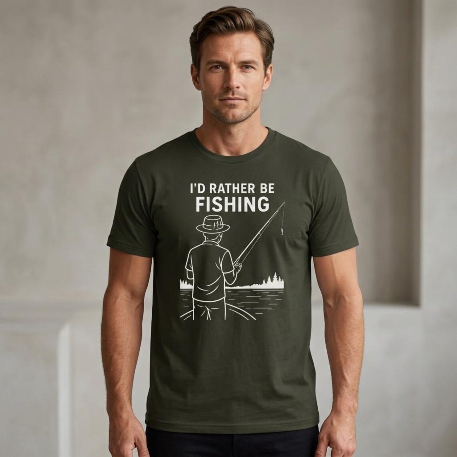 A man wearing a military green t-shirt with the text "I'd rather be fishing" and a line art design of a man fishing