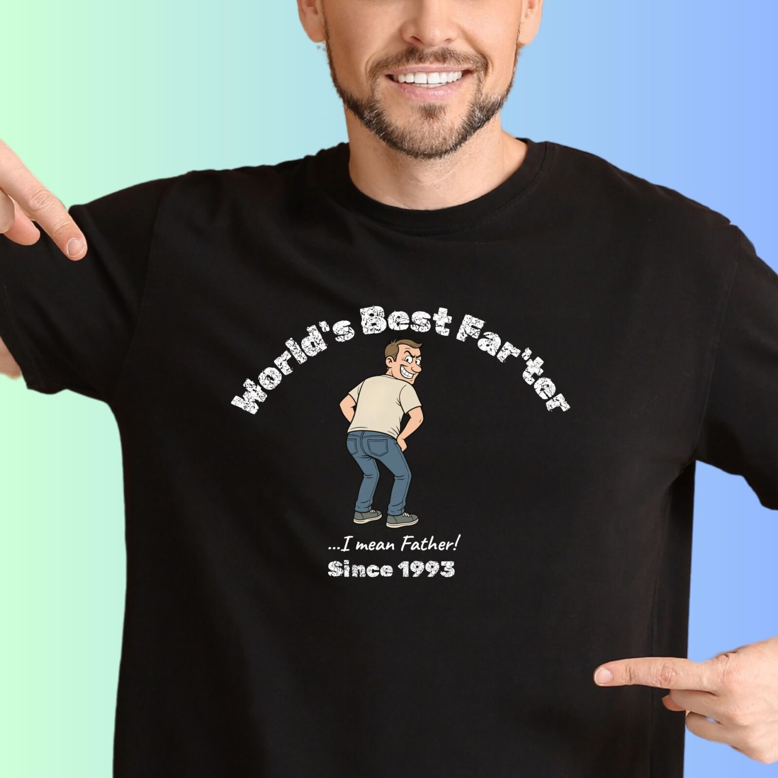 A man wearing a black t-shirt with the text "World's Best Farter....I mean father" a"Since 1993" with a cartoon character which is smiling. You can personalize the birth year to any year that is special to you.
