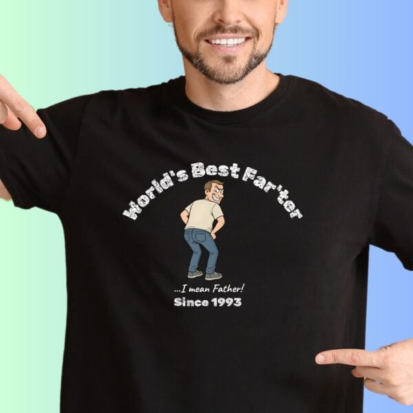 A man wearing a black t-shirt with the text "World's Best Farter....I mean father" a"Since 1993" with a cartoon character which is smiling. You can personalize the birth year to any year that is special to you.