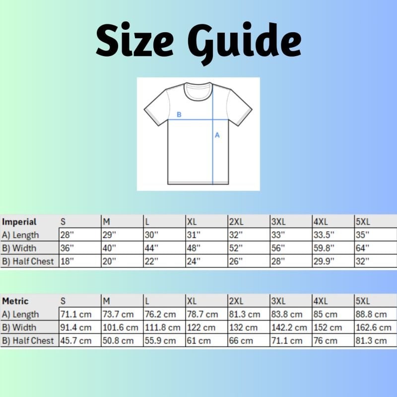 Metric and imperial size guide for this t-shirt. It ranges from small to 5XL.