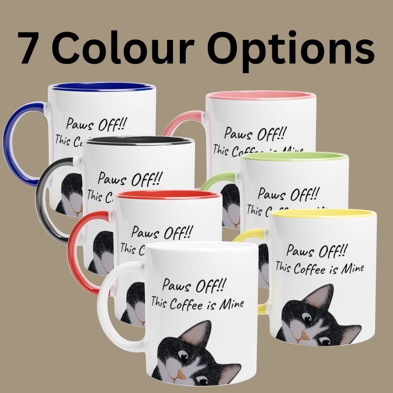 The black cat mug has seven colour options such as, white, black, blue, red, pink, yellow or green.
