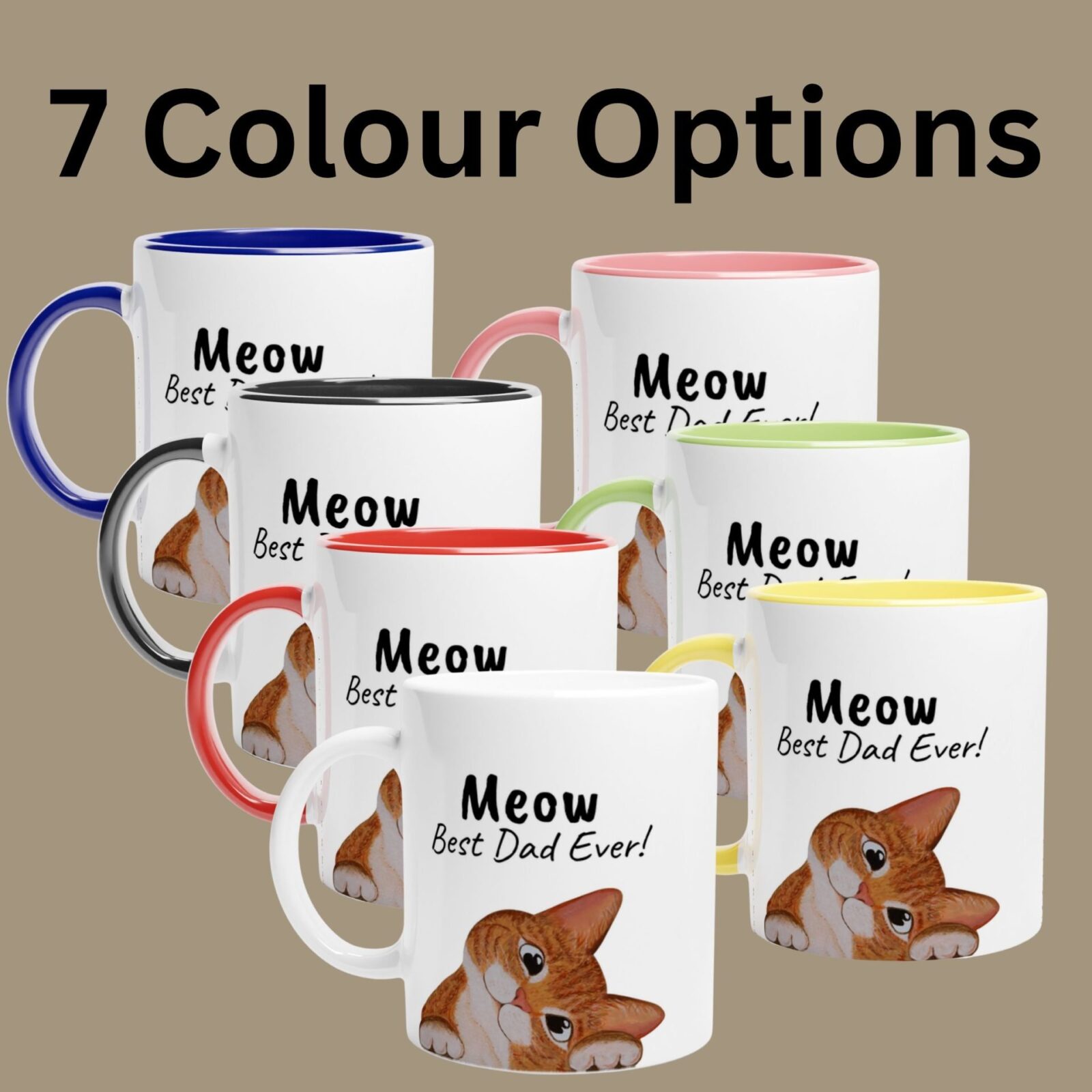 The ginger cat mug has seven colour options such as, white, black, blue, red, pink, yellow or green.