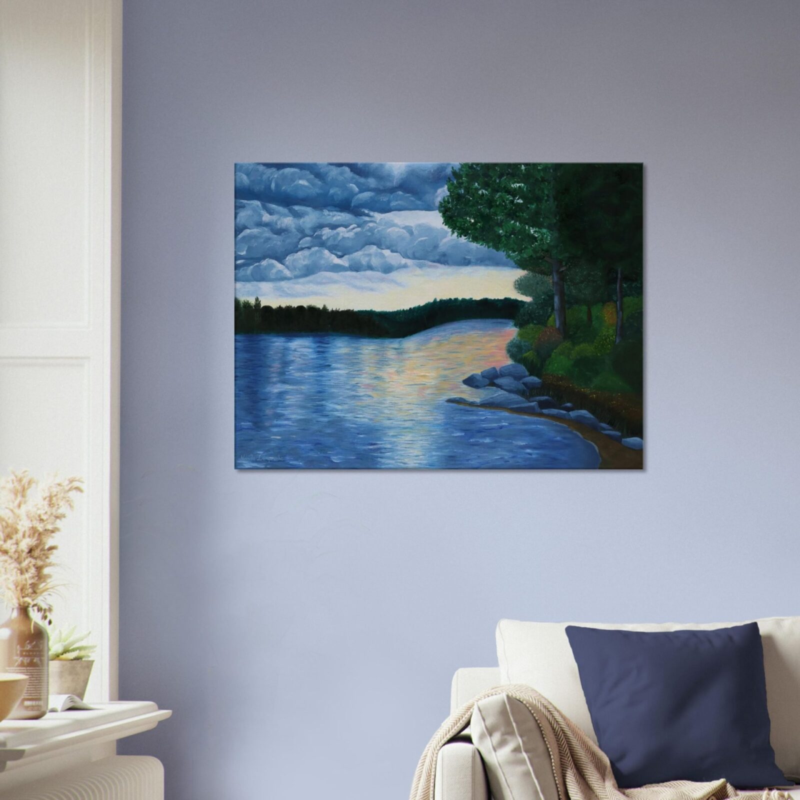 Sunset lake landscape canvas print on a living room wall