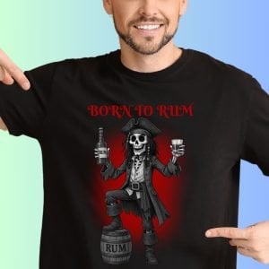 A man wearing a black t-shirt with the text "Born to Rum" with a Jack Sparrow Skeleton character, which is drinking rum.