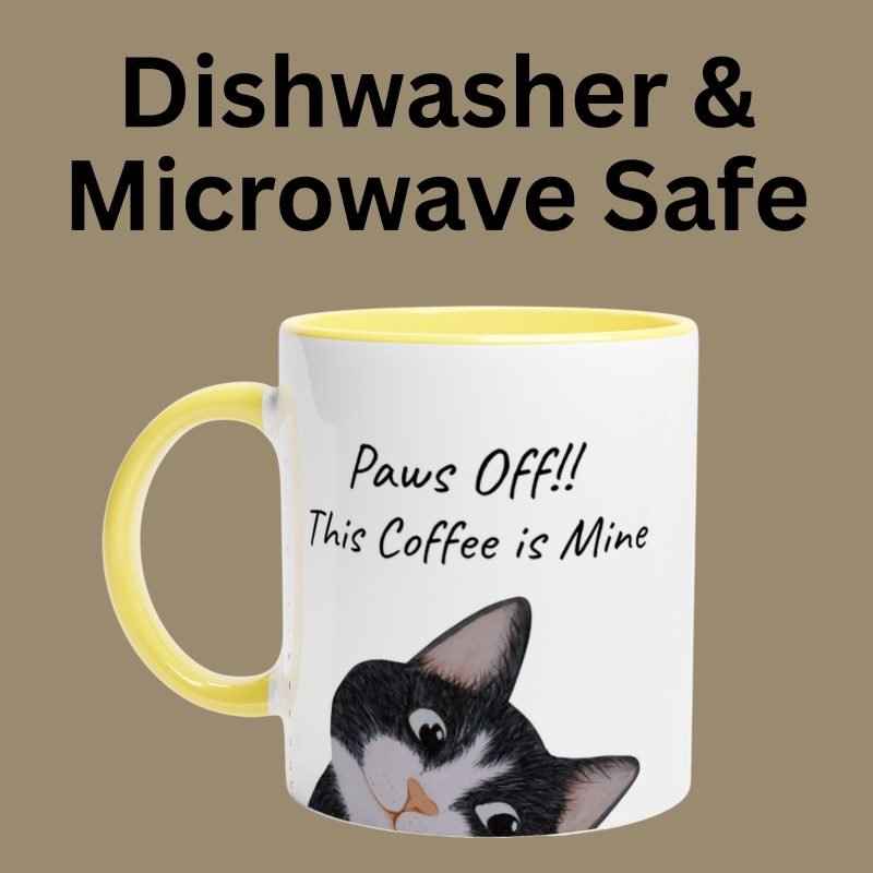 This black cat mug is dishwasher and microwave safe.