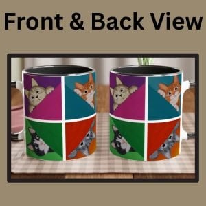 This is the cat mug, showing both sides of the mug. The left mug shows the front of the mug, while the right mug shows the back of the mug.