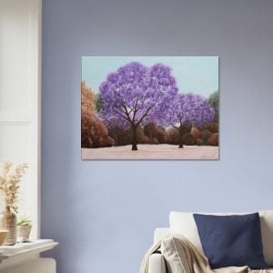 Jacaranda tree wall art canvas print hanging on the living room wall.