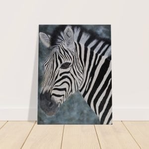 Zebra canvas print standing on a wooden floor and leaning against the wall