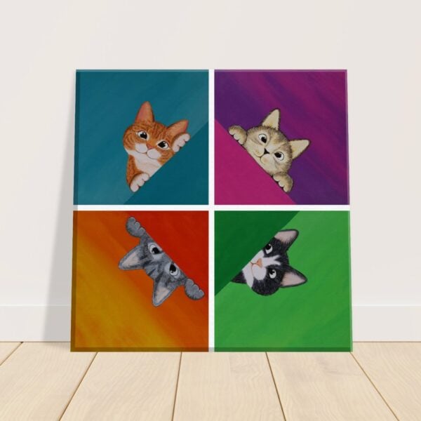 Four kitties on different colour backgrounds in each quadrant of the canvas print