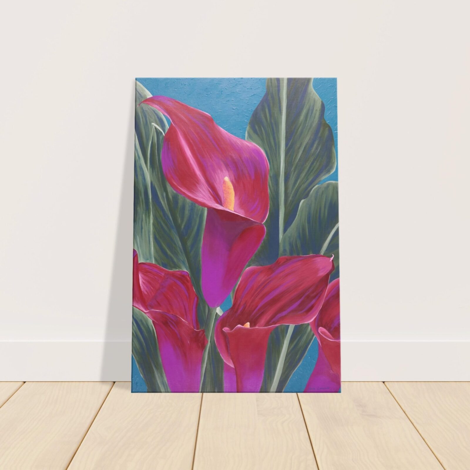 "Calla Lilies" Canvas Print by Nanda features lush pink, red, and maroon calla lilies against a dynamic blue-turquoise background