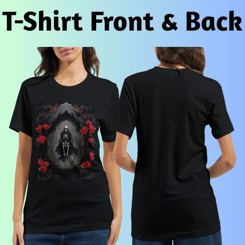Front and back view of the t-shirt. The gothic alternative design is printed on the front of the t-shirt only.