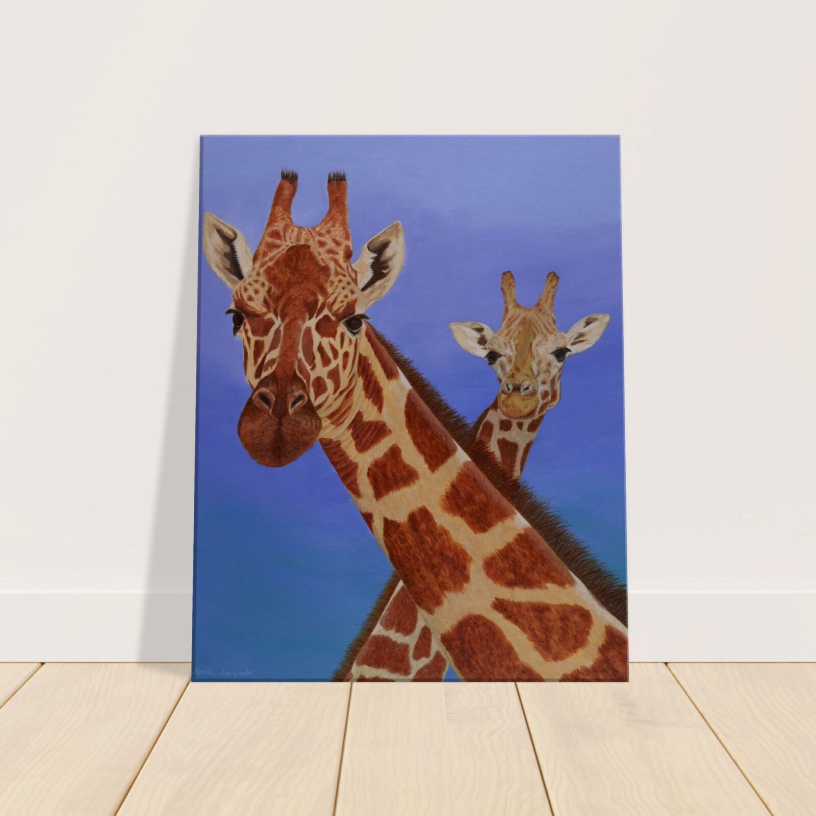 Canvas print of a mother and youngster giraffe with a blue background.