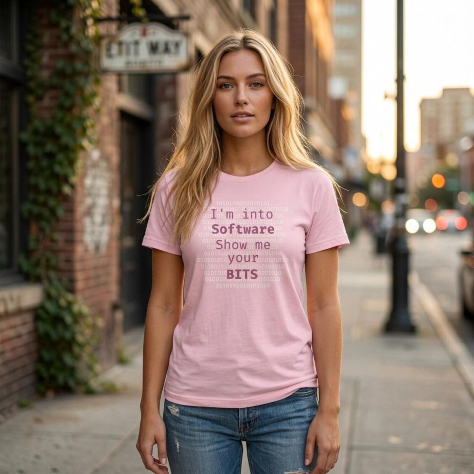 A woman wearing a pink t-shirt with the text "I'm into Software, Show me your bits".