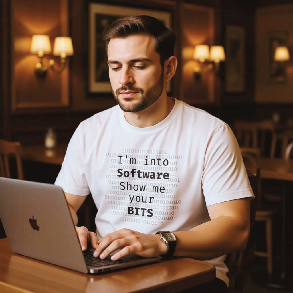 A man wearing a white t-shirt with the text "I'm into Software, Show me your bits".