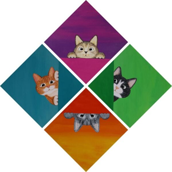 Kitty Combo Diamond Four kitty cat combo canvas print in a diamond shape. A ginger cat on a turquoise background, a brown cat on a magenta background, of a black and white cat on a green background and a grey kitty cat on an orange background.