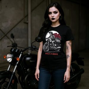 Skeleton Motorcycle Rose Tshirt Standing next to Motorcycle A gothic woman is standing next to a black motorcycle, wearing a black gothic skeleton t-shirt featuring a skeleton on a weathered motorcycle,red roses and the text "Bikes n Roses". The text can be personalized.