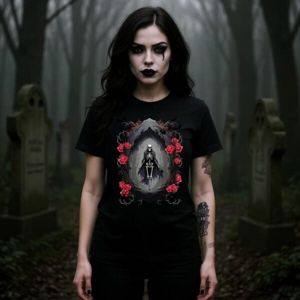 Skeleton Rose Bat Spider Goth in Cemetery A woman walking in a creepy cemetery, wearing a black gothic skeleton t-shirt featuring red roses, bats, and spiders.