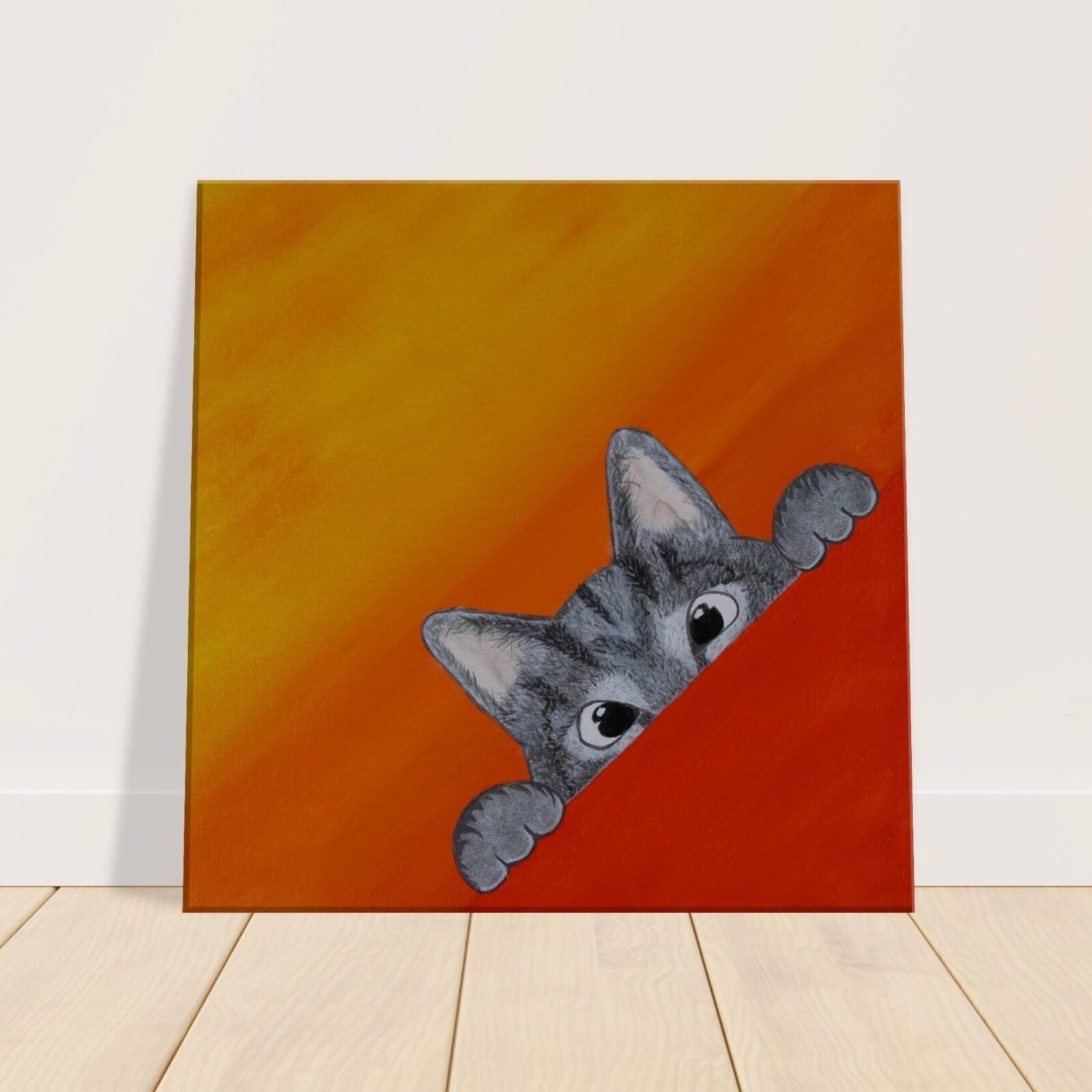 Canvas print of a grey kitty cat on a gradient orange background.