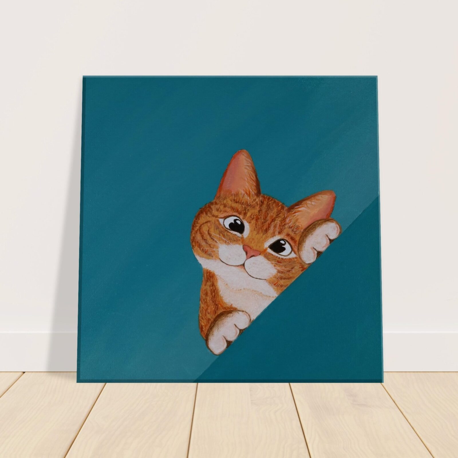 Canvas print of ginger kitty cat on a turquoise blue background