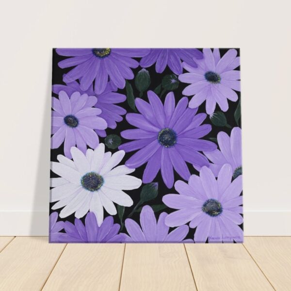 Vibrant canvas print of original painting. A close-up of purple and white daisies with yellow centers, set against a subtle black background.
