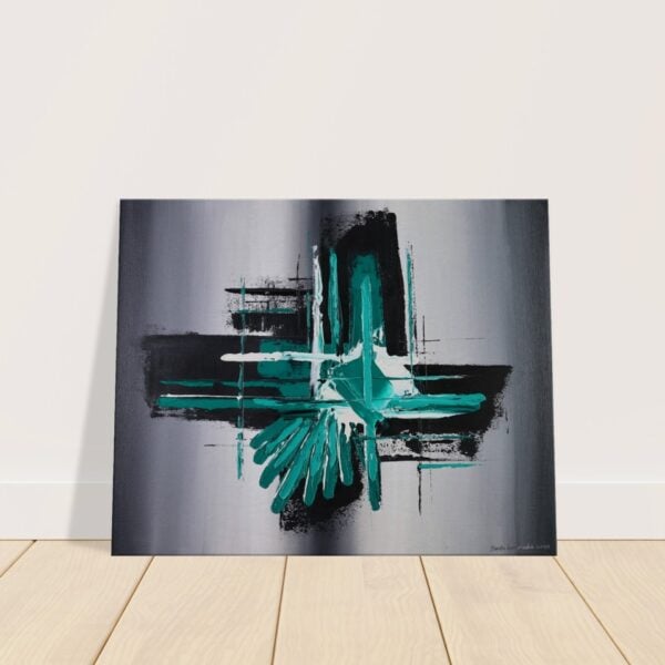 Teal Blue canvas print of the original abstract painting in turquoise and white over black against a serene grey gradient