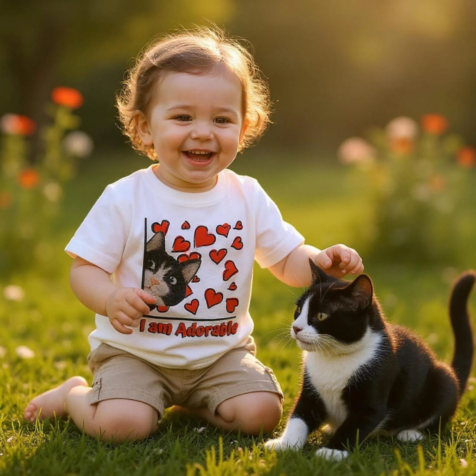 A toddler wearing a white t-shirt with the text: "I am Adorable" and the design of a tuxedo cat and red hearts. It is optional to personalize the text on the t-shirt. The toddler is playing with a black and white tuxedo cat.