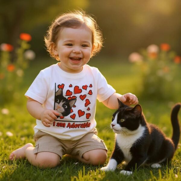 A toddler wearing a white t-shirt with the text: "I am Adorable" and the design of a tuxedo cat and red hearts. It is optional to personalize the text on the t-shirt. The toddler is playing with a black and white tuxedo cat.