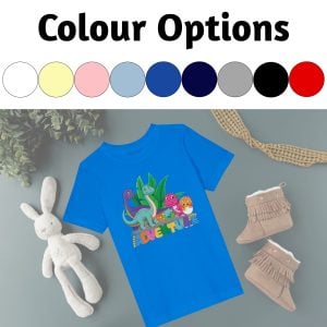 There are 9 colour options for this t-shirt design, such as white, butter, pink, light blue, royal, navy, heather, black and red.