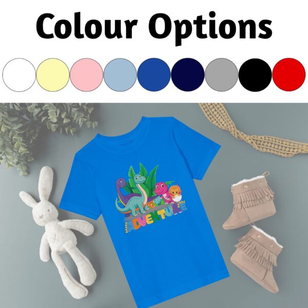 Colour Options Dino Adventure Toddler Tshirt There are 9 colour options for this t-shirt design, such as white, butter, pink, light blue, royal, navy, heather, black and red.