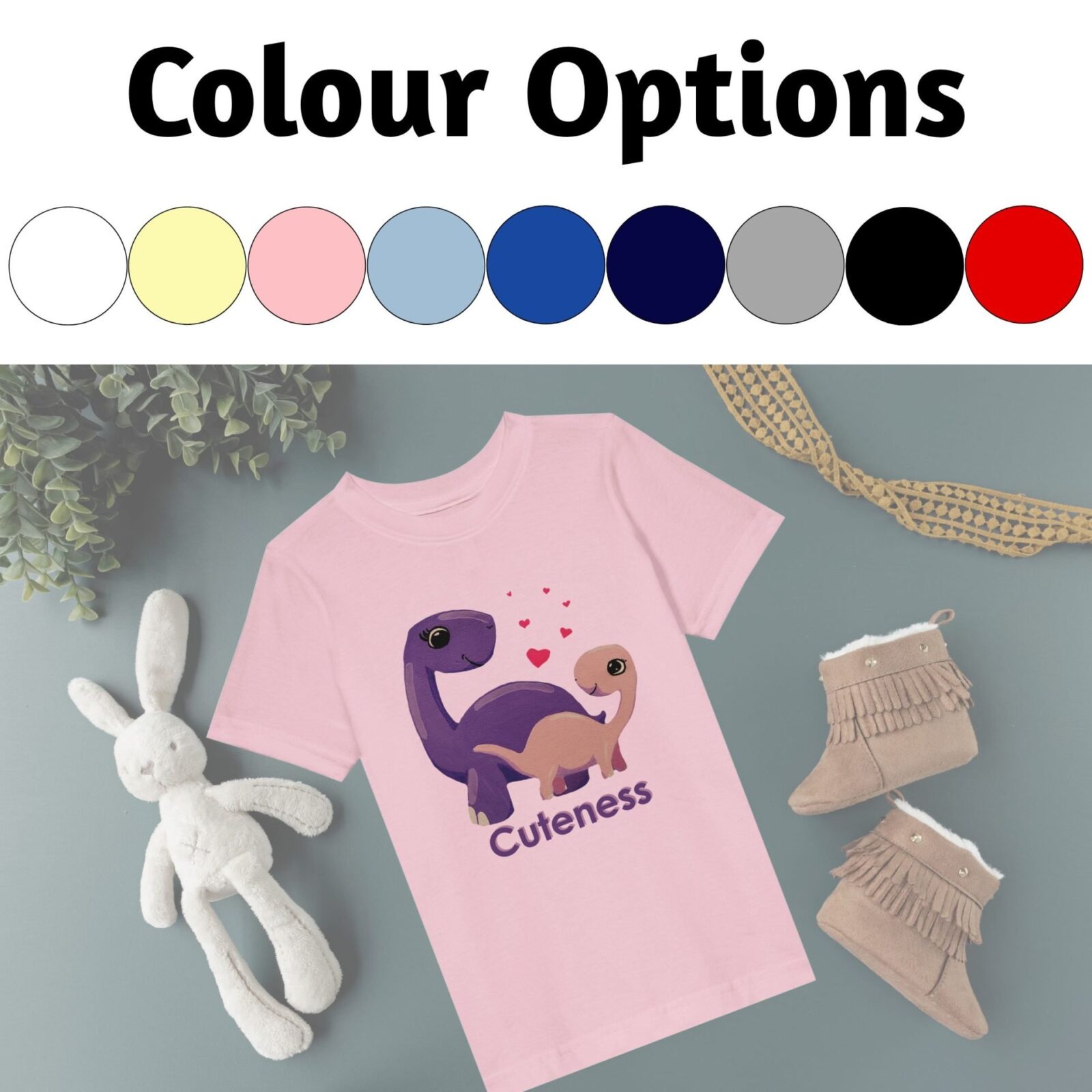 There are 9 colour options for this t-shirt design, such as white, butter, pink, light blue, royal, navy, heather, black and red.