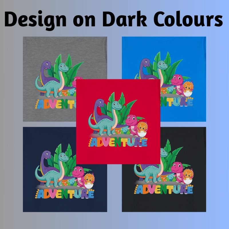 The design of different colour dinosaurs and the word "Adventure" on the dark colour t-shirt.
