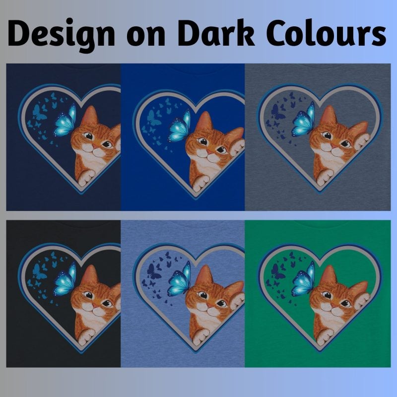 The design of a ginger cat and butterflies inside a heart on the dark colour t-shirt.