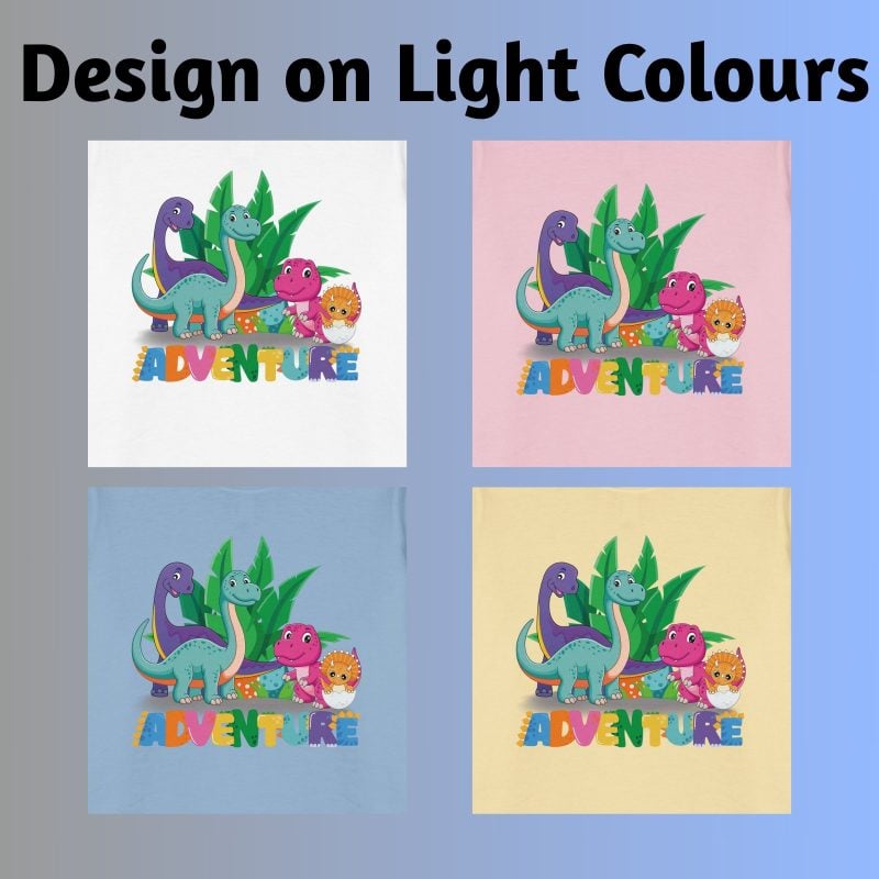 The design of different colour dinosaurs and the word "Adventure" on the light colour t-shirt.