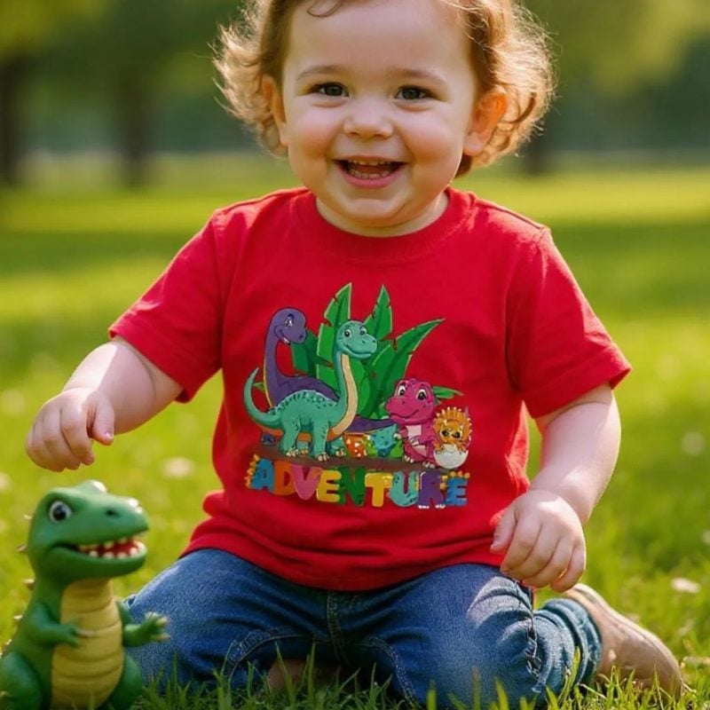 A toddler wearing a red t-shirt with the text: "Adventure" and the design of different colour dinosaurs. The toddler is sitting on the grass and playing with a dinosaur.