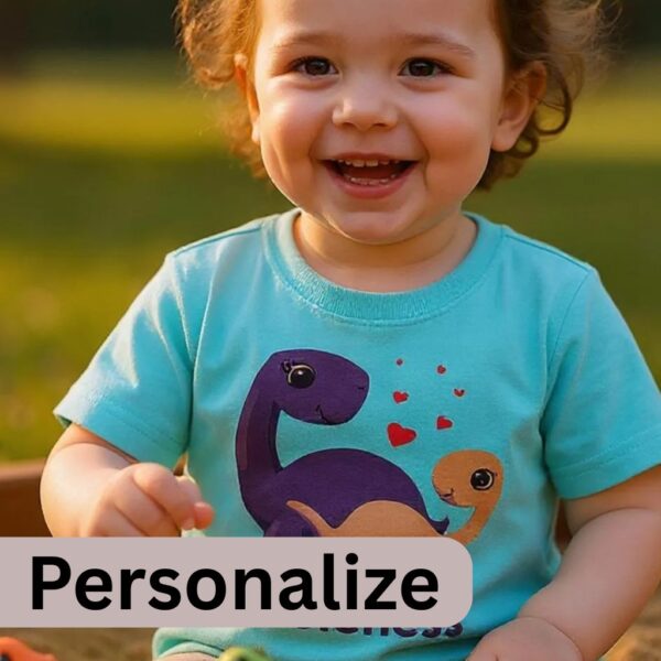 Dino Cuteness Personalize Toddler Tshirt Main A toddler wearing a blue t-shirt with the text: "Cuteness" and the design of a mother and baby dinosaur. It is optional to personalize the text on the t-shirt. The toddler is sitting in a sandpit and playing with a dinosaurs.