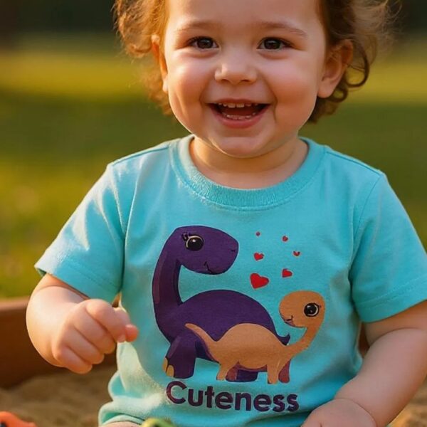 A toddler wearing a blue t-shirt with the text: "Cuteness" and the design of a mother and baby dinosaur. It is optional to personalize the text on the t-shirt. The toddler is sitting in a sandpit and playing with a dinosaurs.