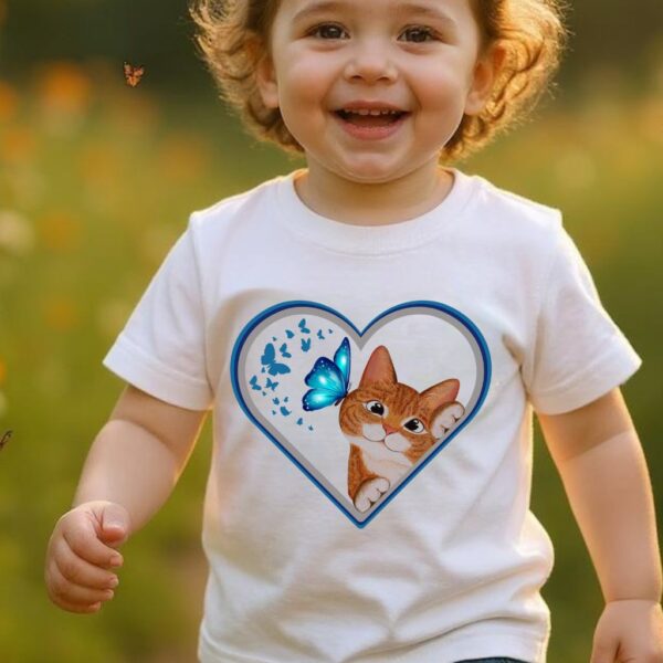 A toddler wearing a white t-shirt with the design of a ginger cat and butterflies inside a heart. It is optional to add personalized text on the t-shirt.
