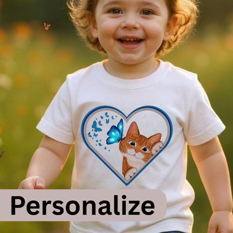 A toddler wearing a white t-shirt with the design of a ginger cat and butterflies inside a heart. It is optional to add personalized text on the t-shirt.