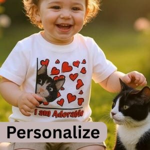 A toddler wearing a white t-shirt with the text: "I am Adorable" and the design of a tuxedo cat and red hearts. It is optional to personalize the text on the t-shirt. The toddler is playing with a black and white tuxedo cat.