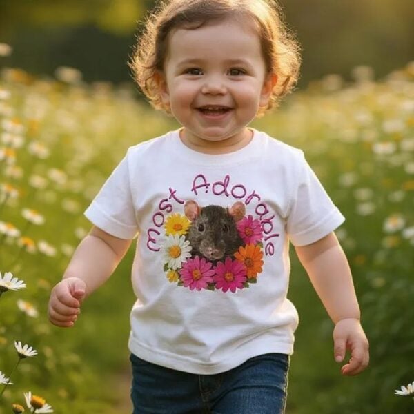 A toddler wearing a white t-shirt with the text: "Most Adorable" and the design of a cute rat surrounded by colourful daisies. It is optional to personalize the text on the t-shirt. The toddler is walking in a garden full of daisies.
