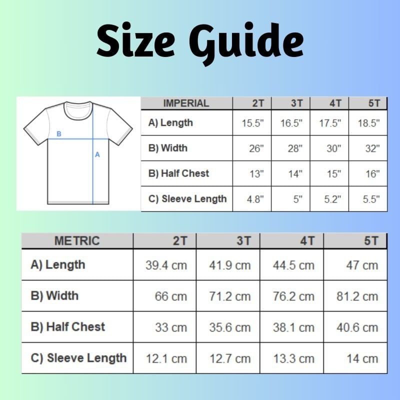 Metric and imperial size guide for this t-shirt. It ranges from 2T to 5T.
