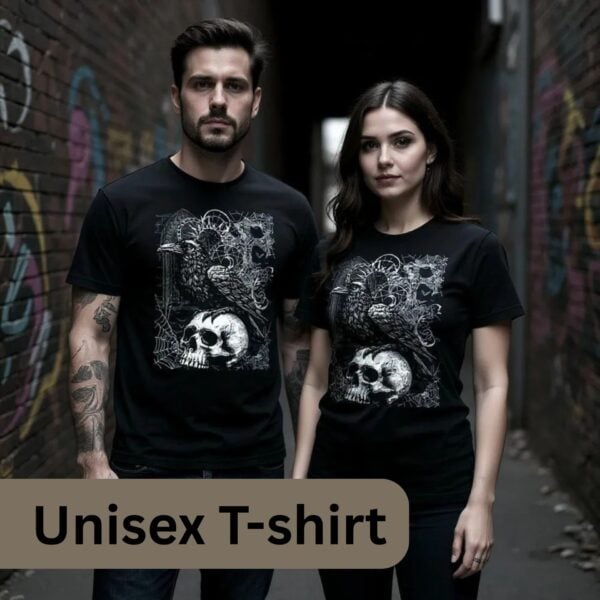 Unisex Gothic Skull Crow Tshirt A man and woman, both wearing a black unixes t-shirt with a Gothic design. The design includes a crow, skull, spiders, bats and other Gothic elements. There are 13 colour options for the t-shirt: black, dark grey heather, navy, columbia blue, light blue, deep teal, forest, dark olive, maroon, heather raspberry, soft cream, pink and white.