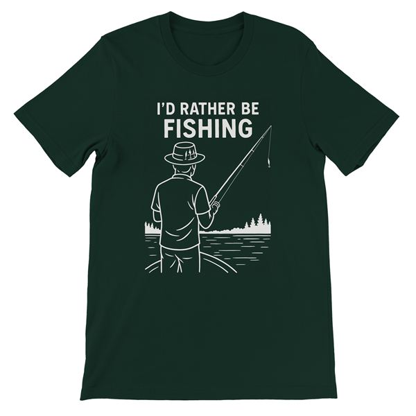 Dark green tshirt with custom design of a man fishing off a boat