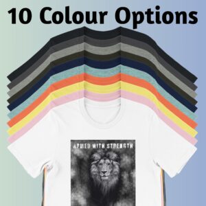 There are 10 colour options for the t-shirt: black, dark grey, athletic heater, dark olive, navy, heather ice blue, coral, pink, yellow and white.