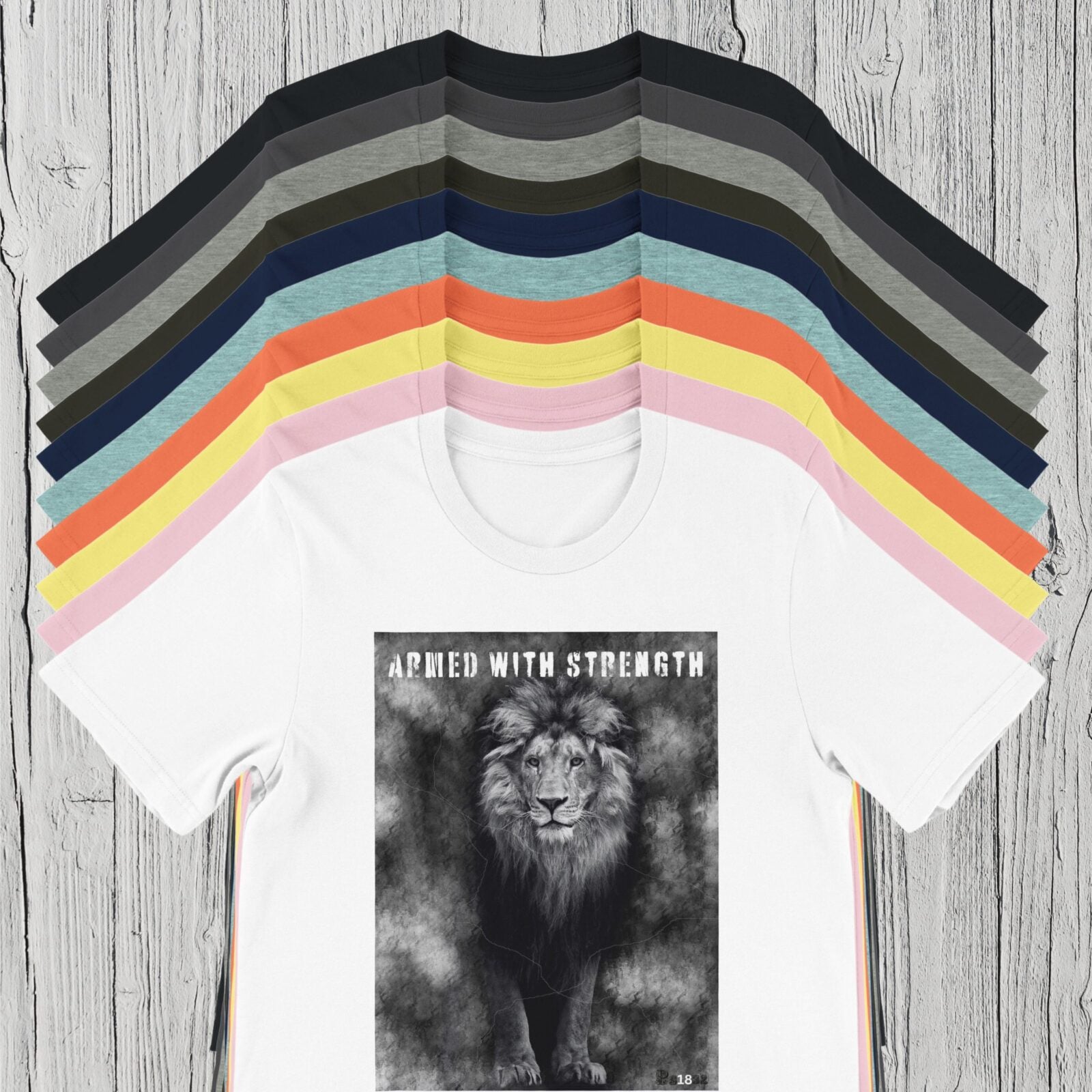 There are 10 colour options for the t-shirt: black, dark grey, athletic heater, dark olive, navy, heather ice blue, coral, pink, yellow and white.