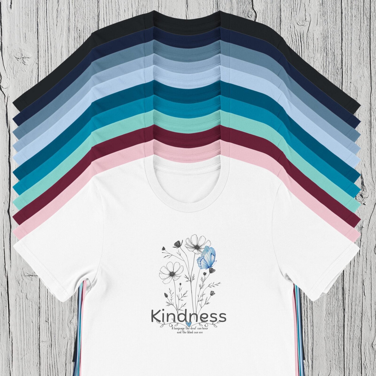 There are 11 colour options for the t-shirt: black, navy, steel blue, light blue, baby blue, deep teal, aqua, mint, maroon, pink and white.